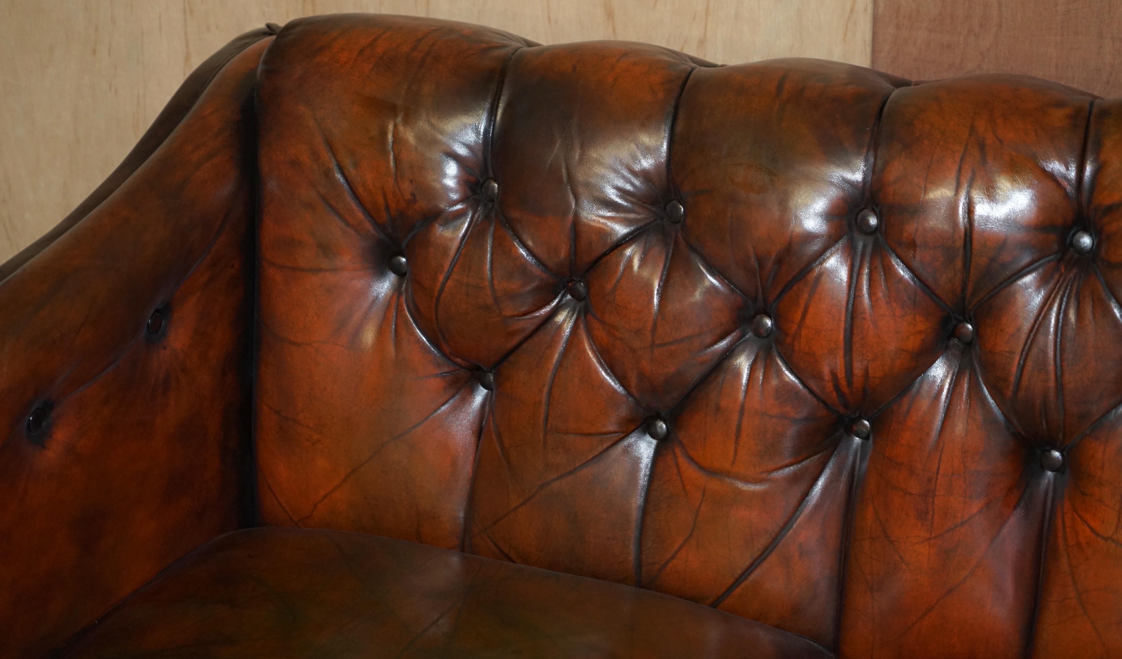 English Circa 1920's Art Deco Fully Restored Chesterfield Brown Leather Sofa Part Suite For Sale