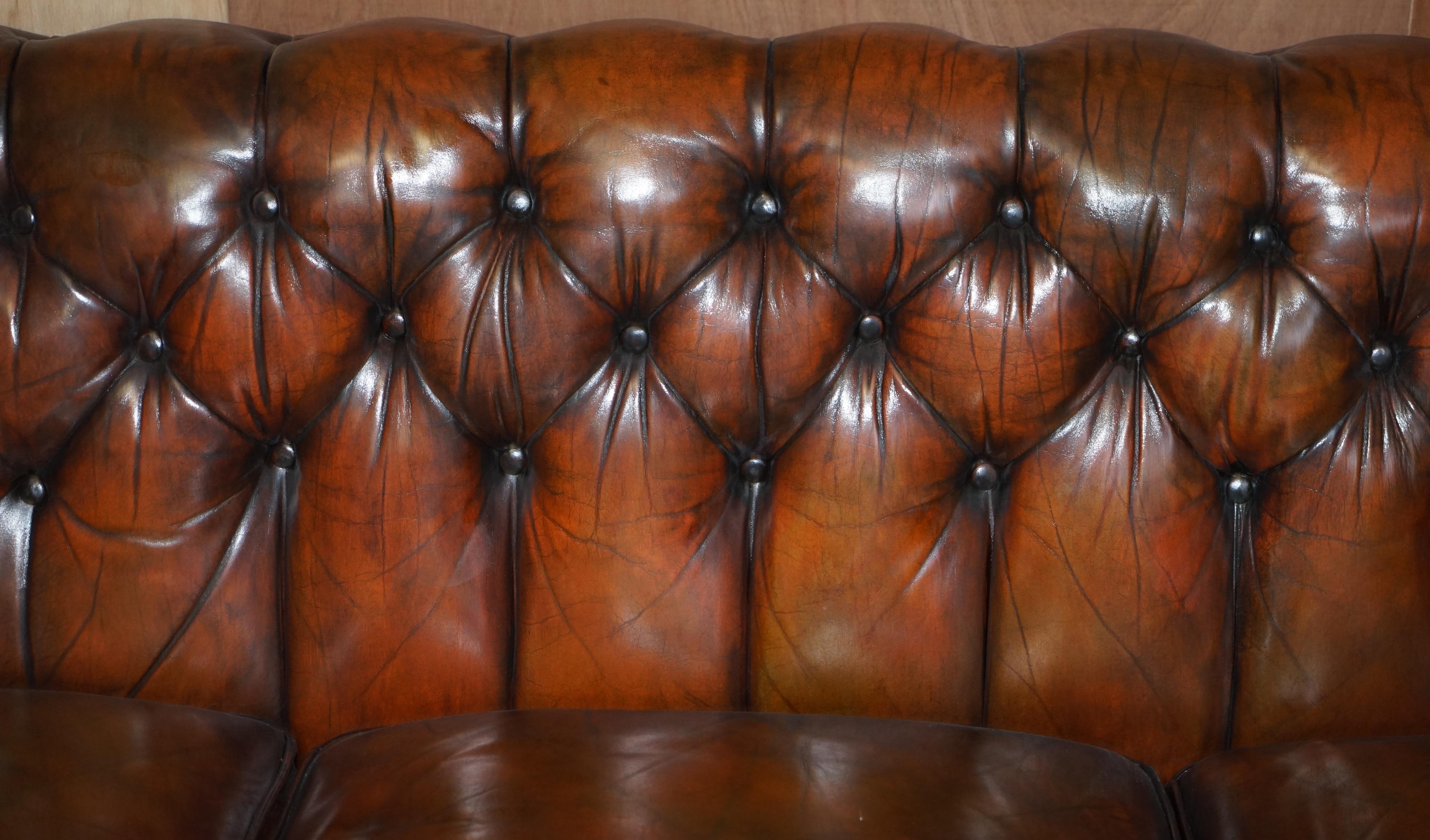Hand-Crafted Circa 1920's Art Deco Fully Restored Chesterfield Brown Leather Sofa Part Suite For Sale