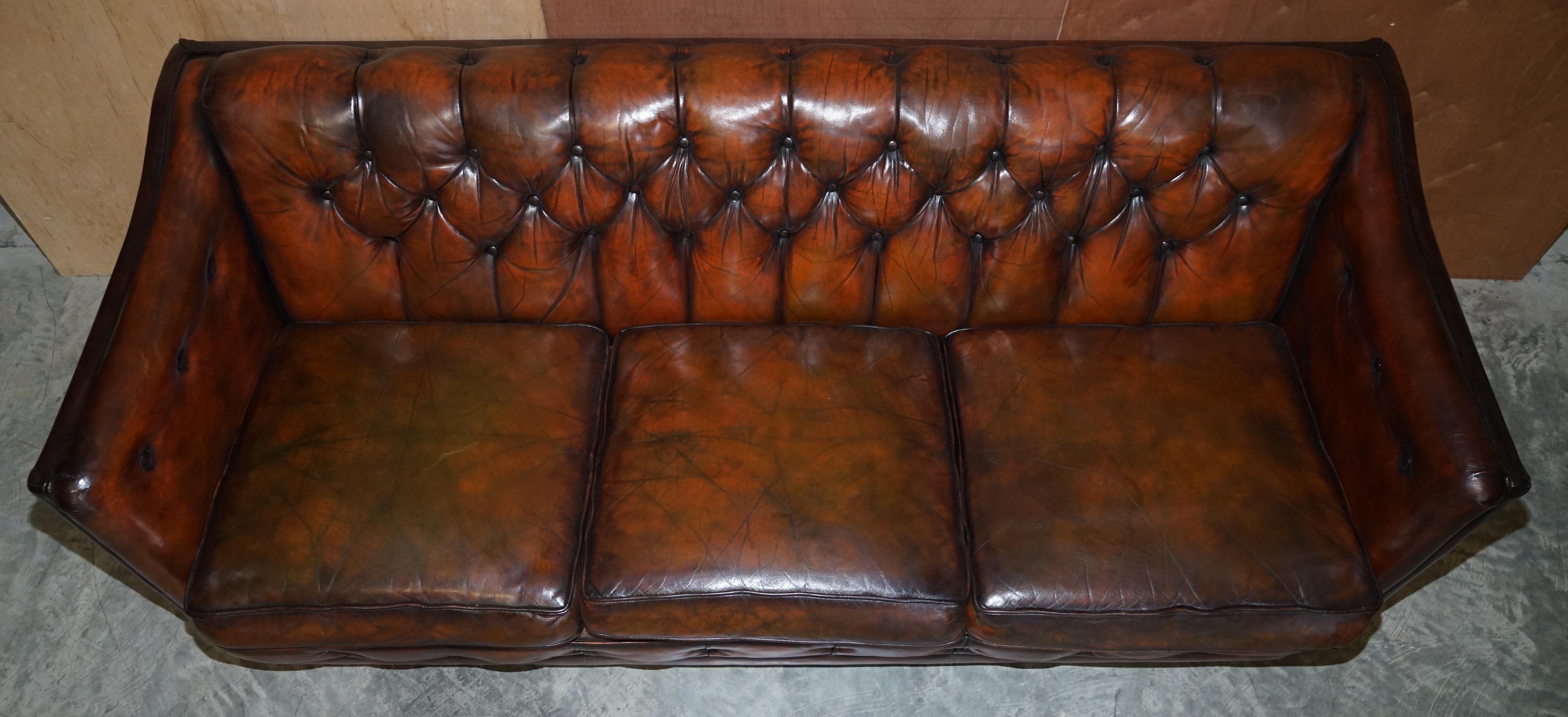Early 20th Century Circa 1920's Art Deco Fully Restored Chesterfield Brown Leather Sofa Part Suite For Sale