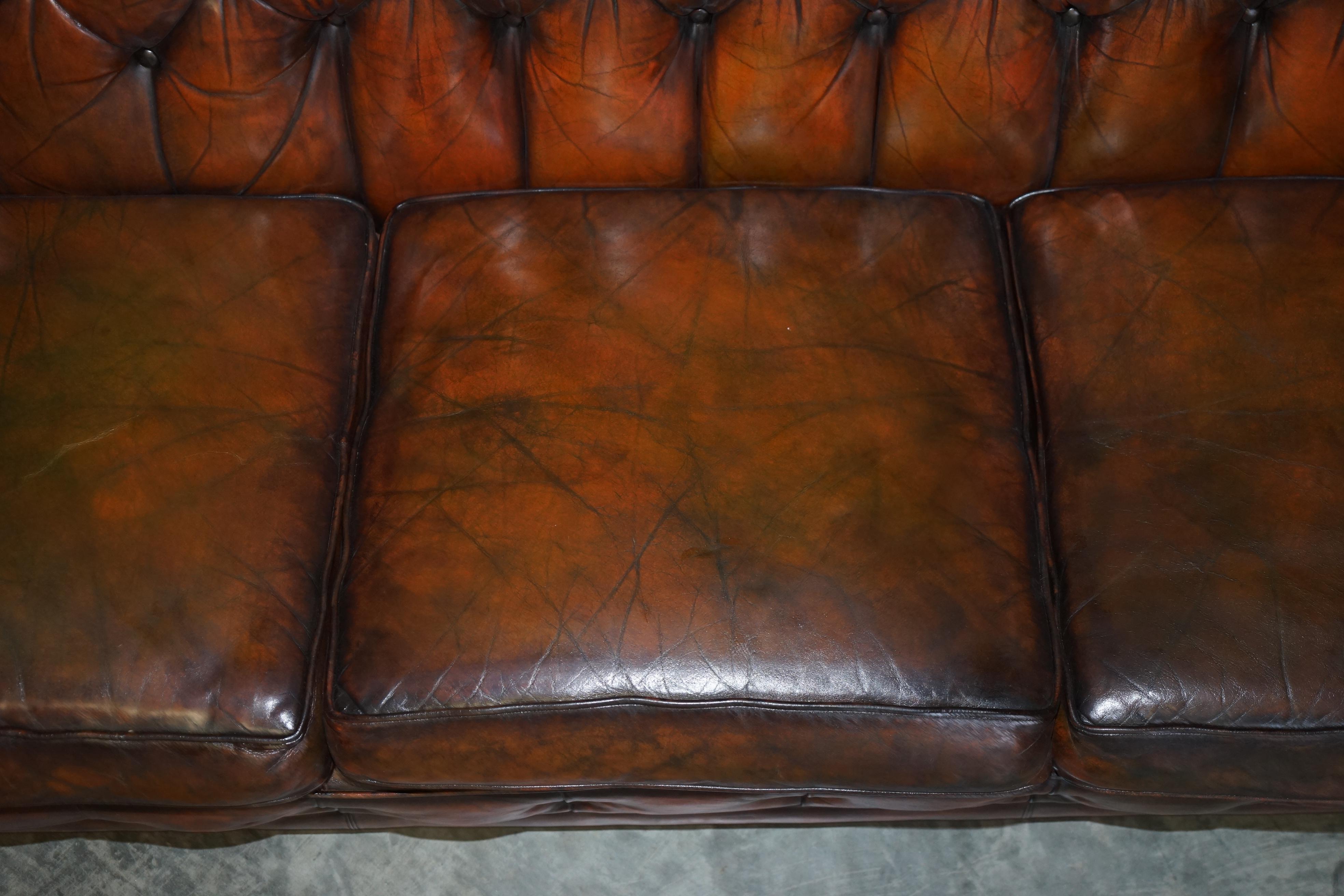 Circa 1920's Art Deco Fully Restored Chesterfield Brown Leather Sofa Part Suite For Sale 1