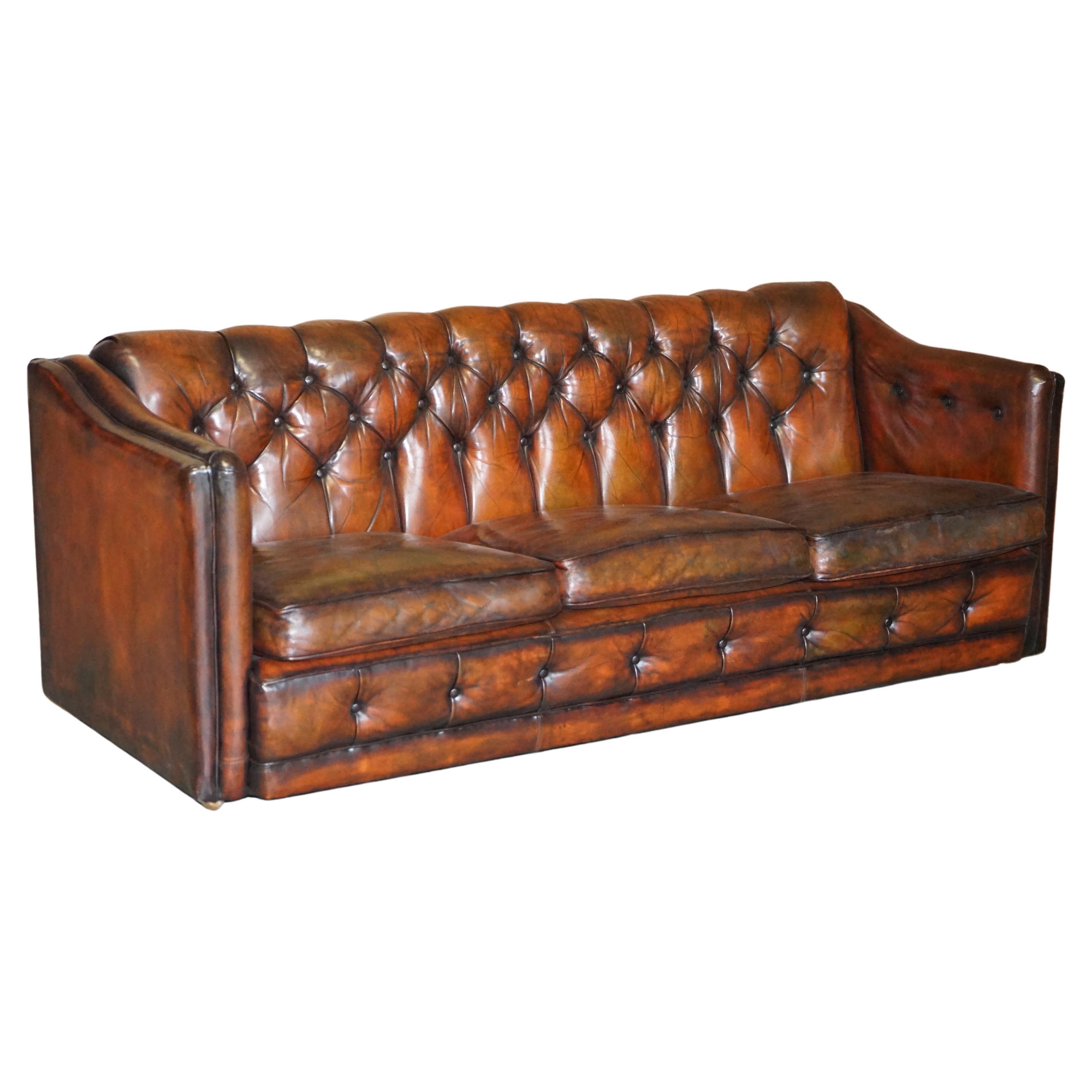 Circa 1920's Art Deco Fully Restored Chesterfield Brown Leather Sofa Part Suite