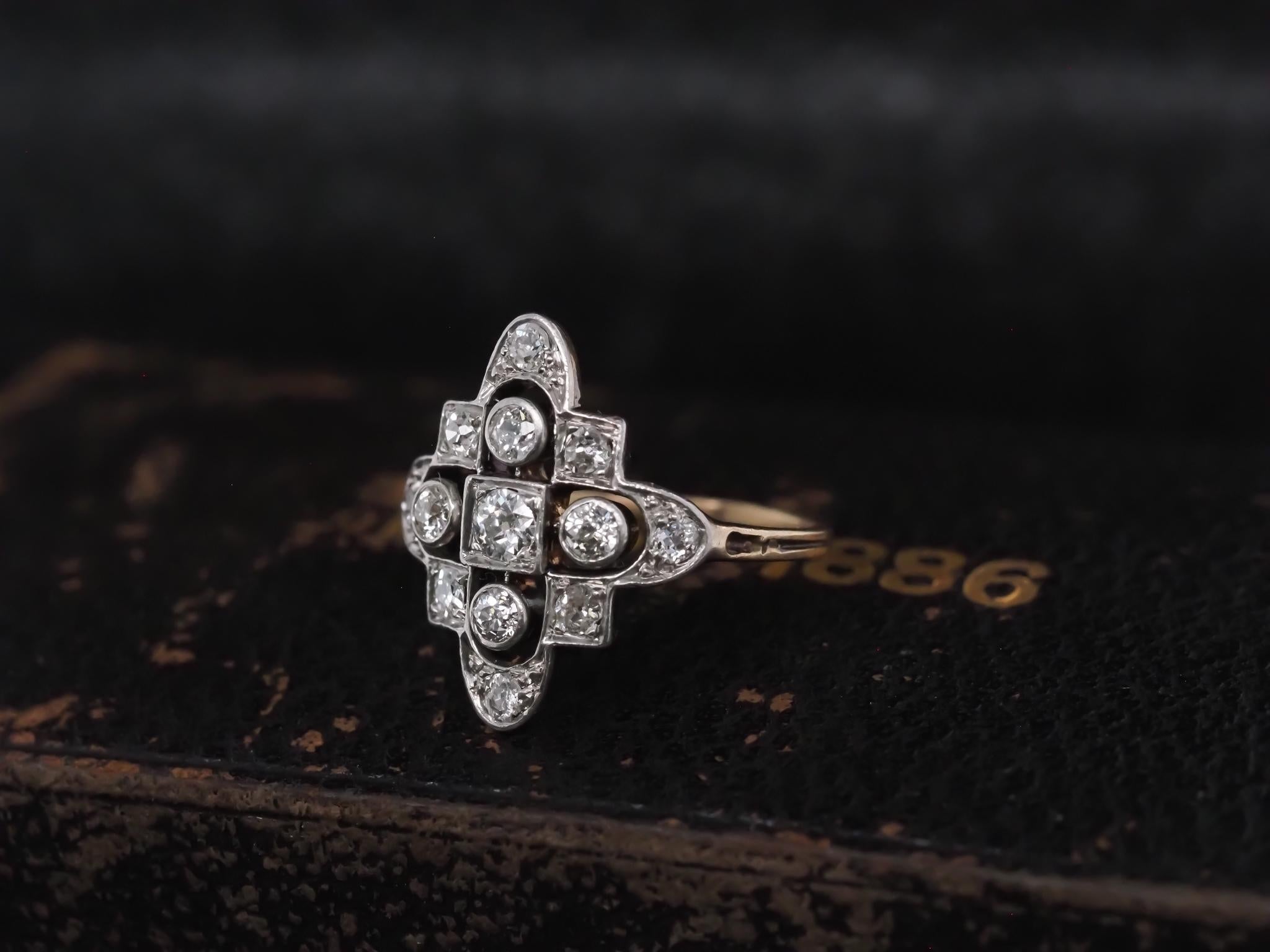 Old European Cut Circa 1920s Art Deco Gold & Platinum Old European Diamond Ring For Sale