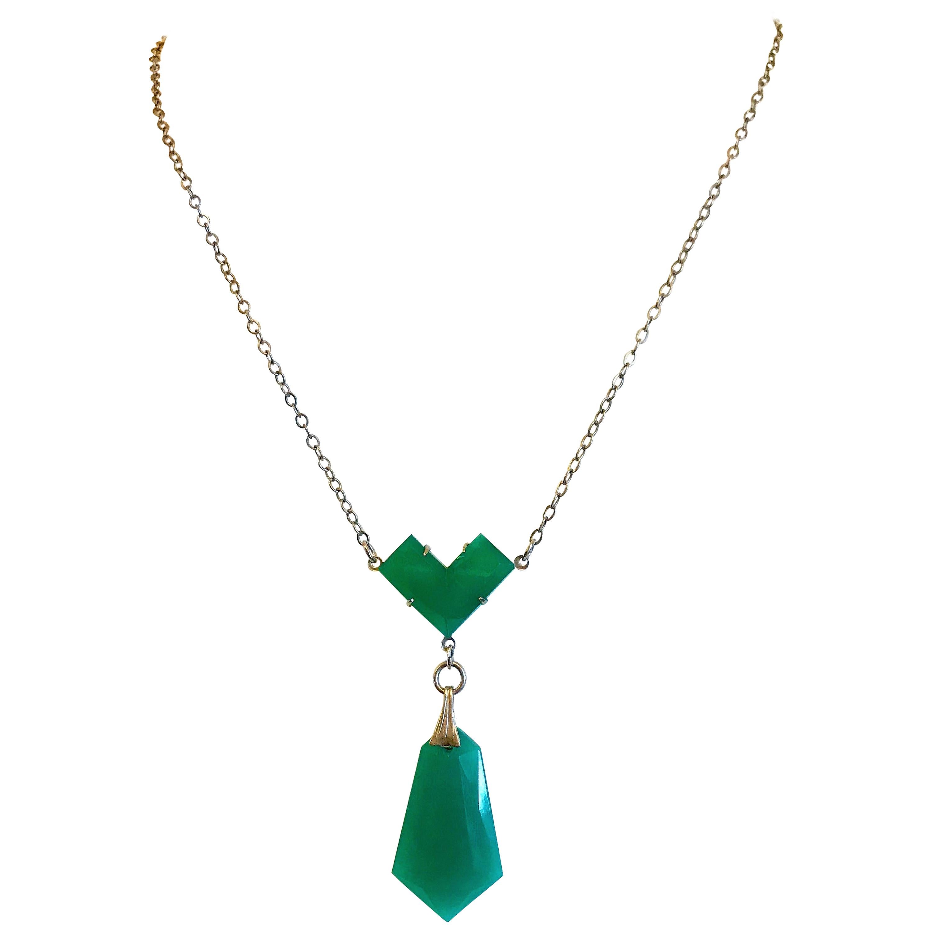Circa 1920s Art Deco Green Glass Pendant Necklace For Sale