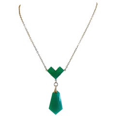 Antique Circa 1920s Art Deco Green Glass Pendant Necklace 