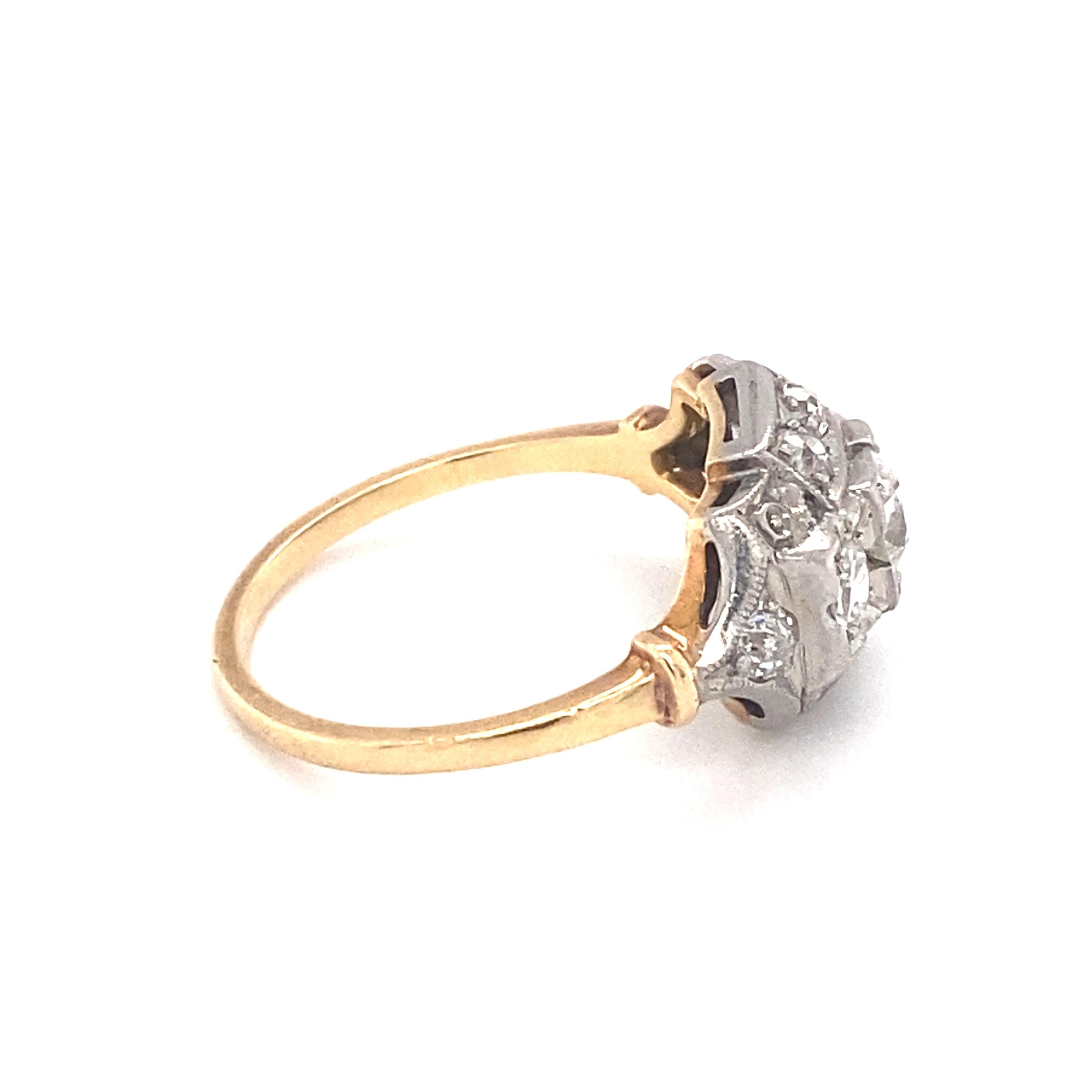 Item Details: This Art Deco ring has Old European cut diamonds totaling one carat.

Circa: 1920s
Metal Type: 14 Karat Yellow and White Gold
Weight: 3.3 grams
Size: US 7.25, resizable

Diamond Details:
Weight: 1.0 carat total weight
Cut: Old European