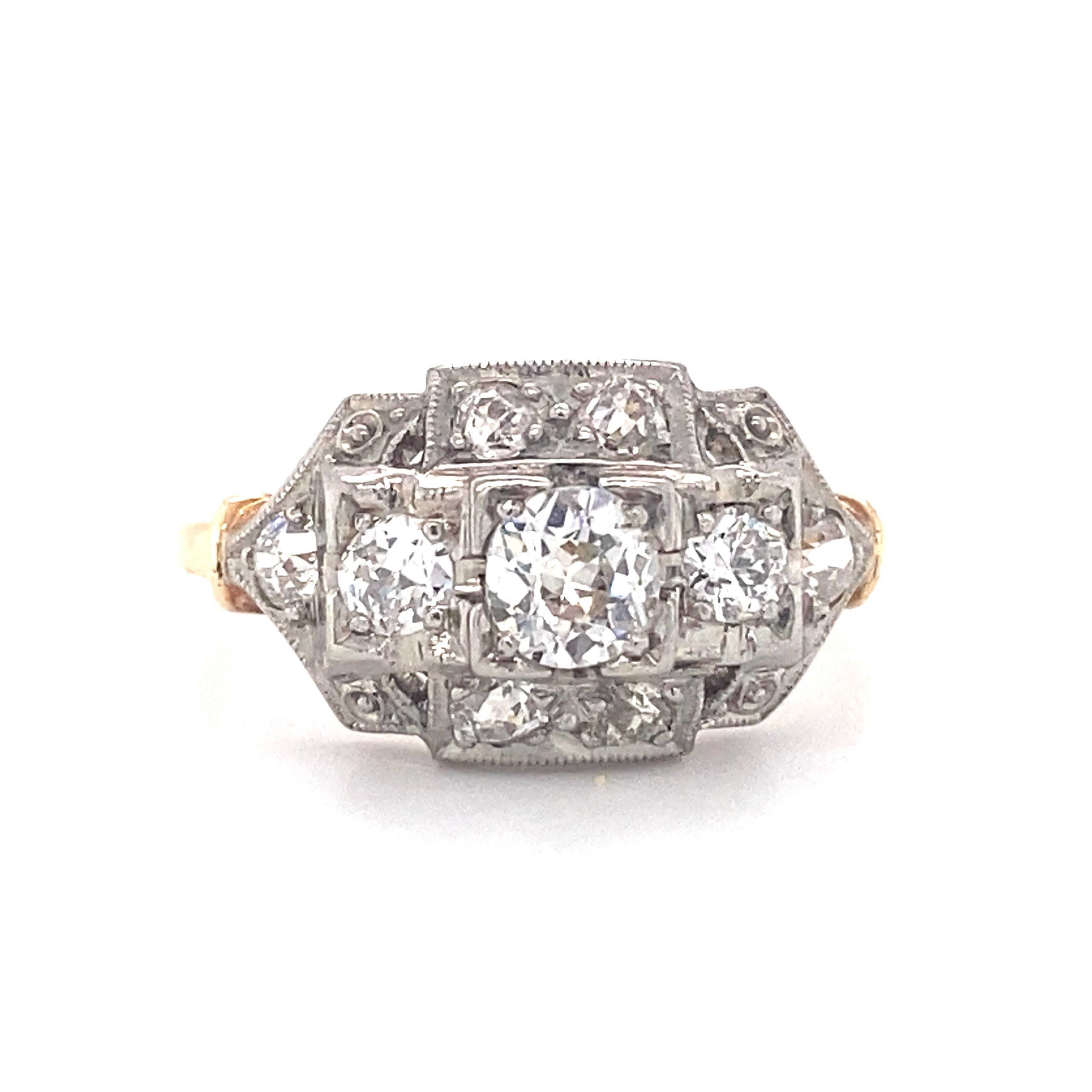 Old European Cut circa 1920s Art Deco Jabel 1 Carat Diamond Ring in Two Tone 14K Gold For Sale