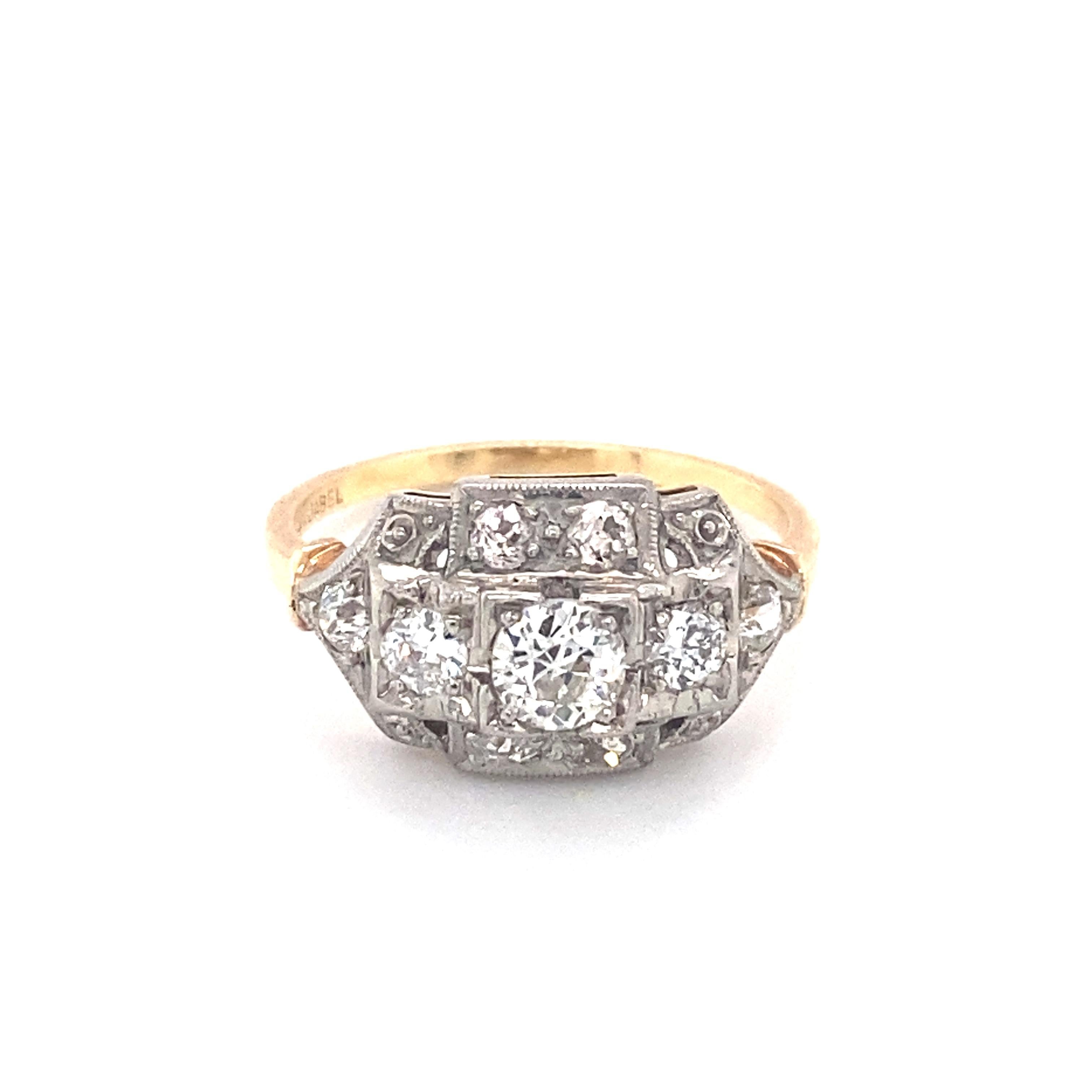 circa 1920s Art Deco Jabel 1 Carat Diamond Ring in Two Tone 14K Gold In Excellent Condition For Sale In Atlanta, GA