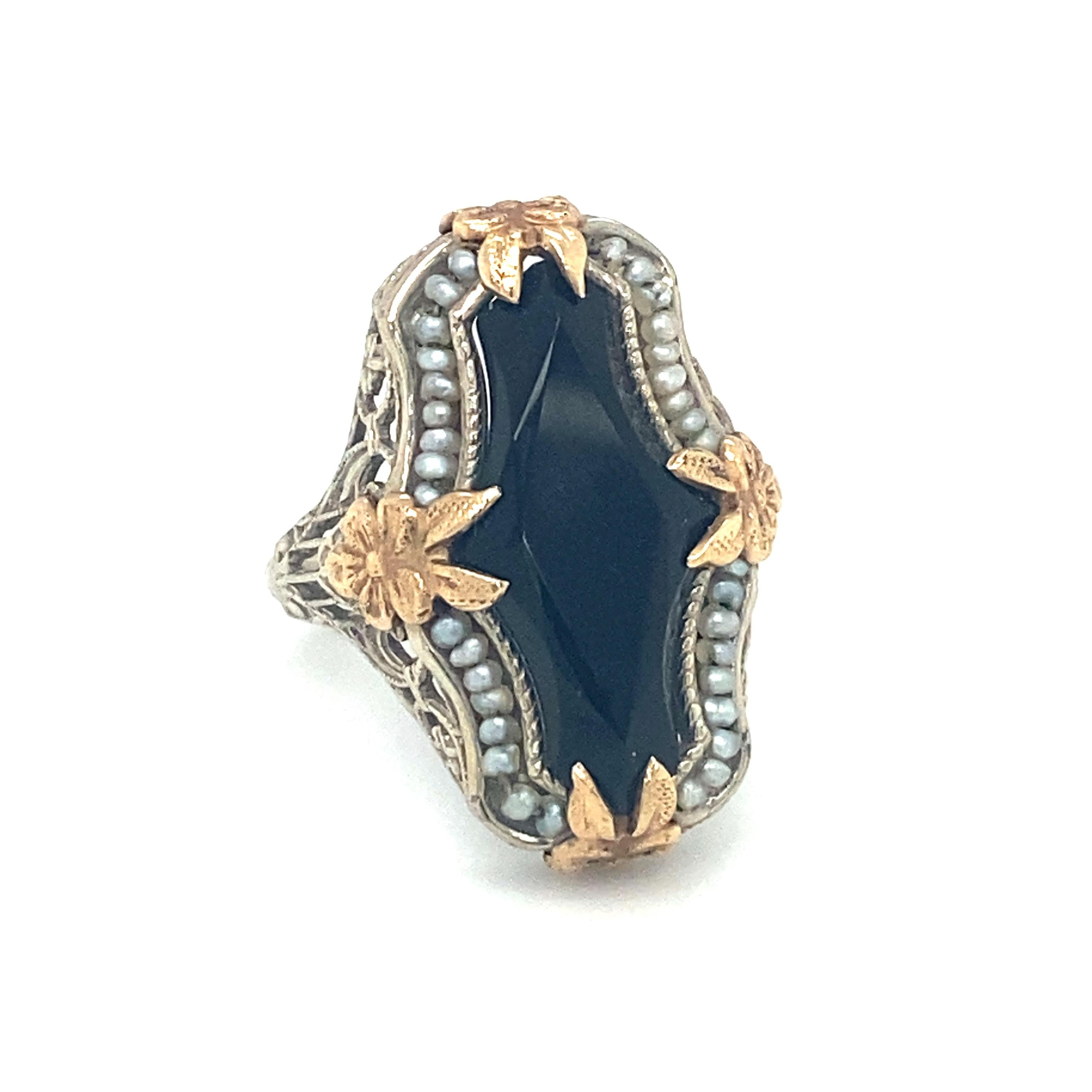 Mixed Cut Circa 1920s Art Deco Onyx and Pearl Ring in Two Tone 14K Gold For Sale