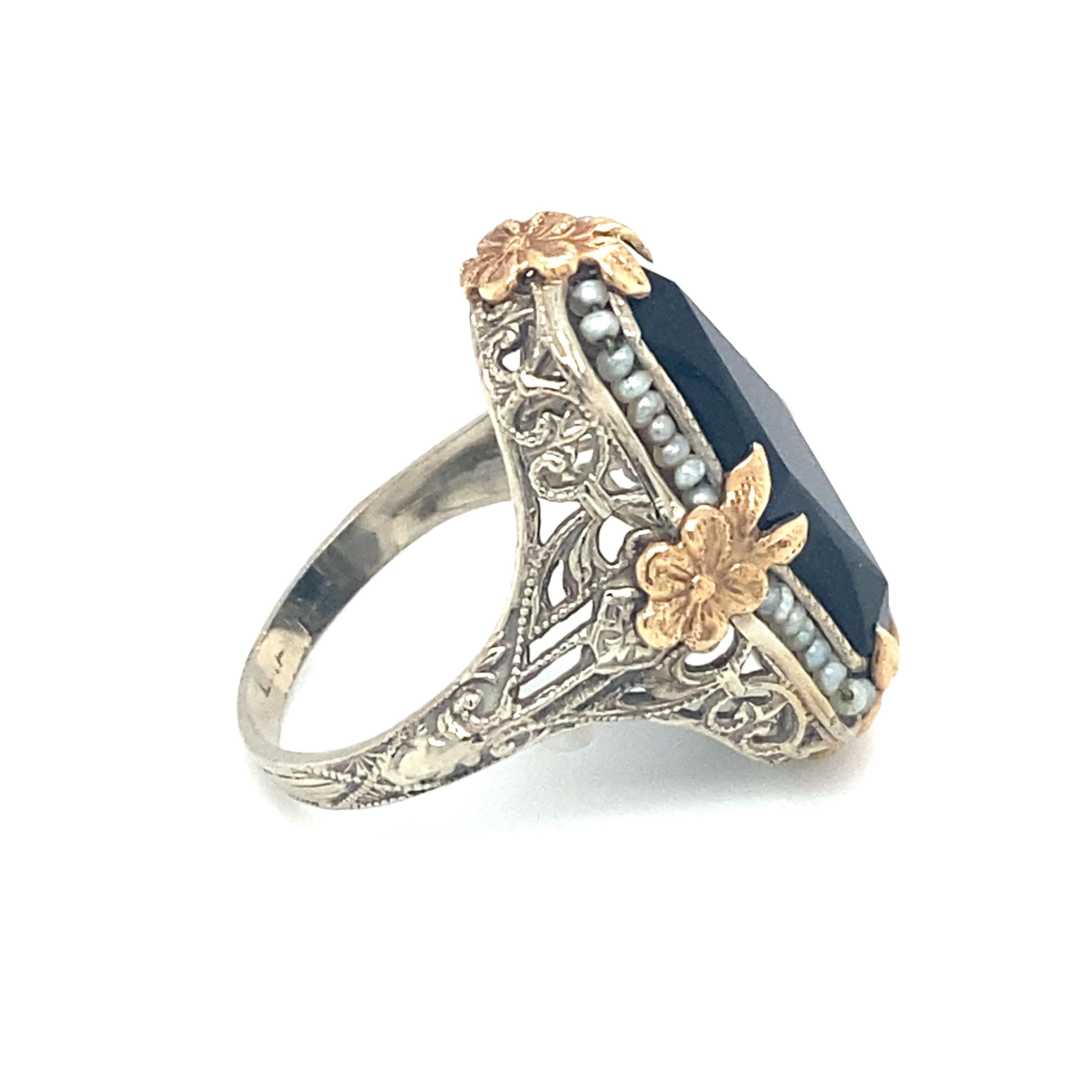 Circa 1920s Art Deco Onyx and Pearl Ring in Two Tone 14K Gold In Good Condition For Sale In Atlanta, GA