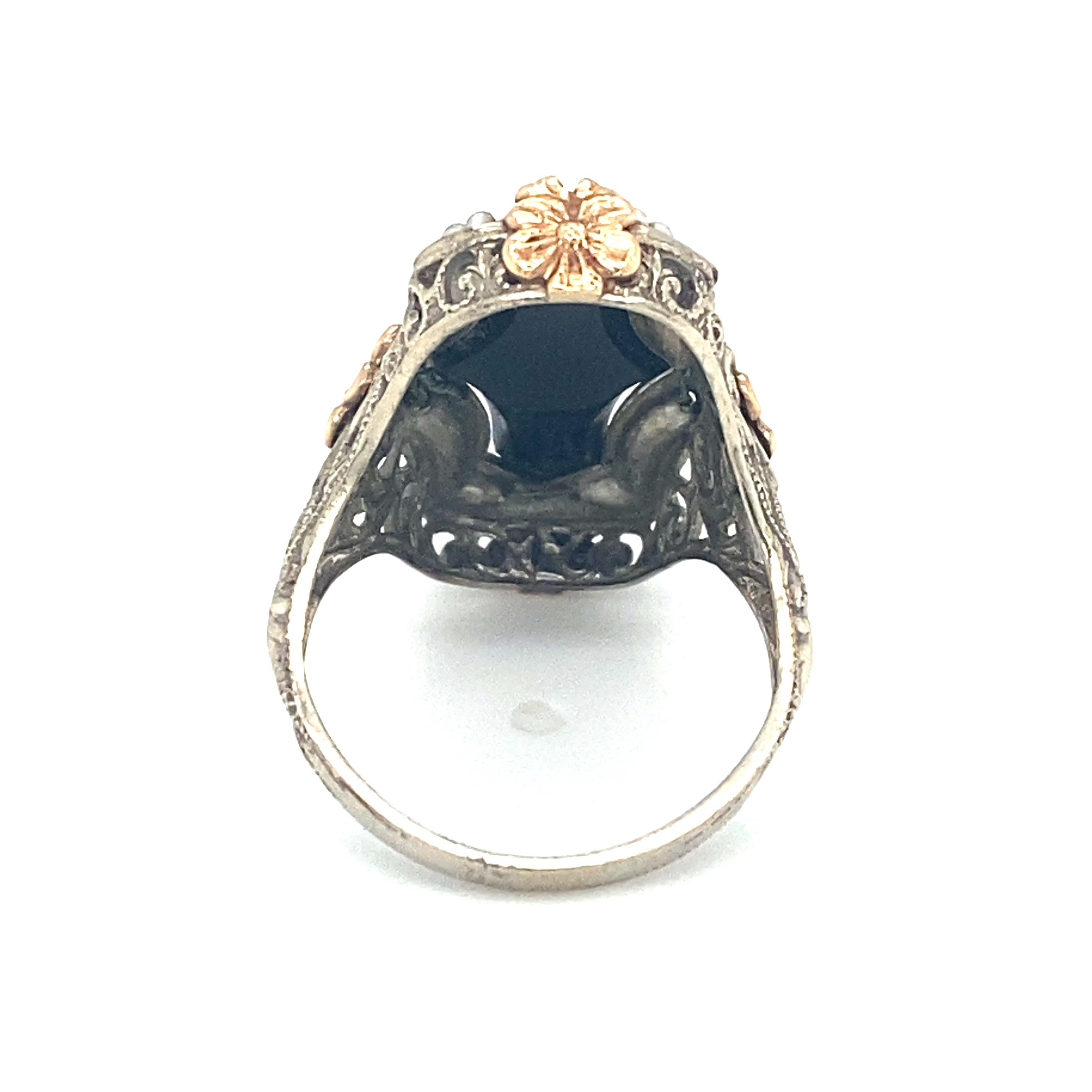Women's or Men's Circa 1920s Art Deco Onyx and Pearl Ring in Two Tone 14K Gold For Sale