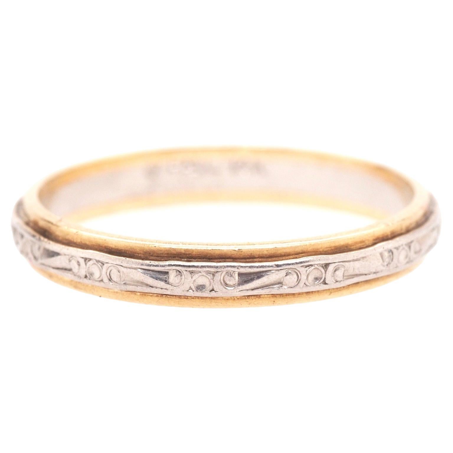 Circa 1920s Art Deco Palladium and 14K Yellow Gold Wedding Band For Sale