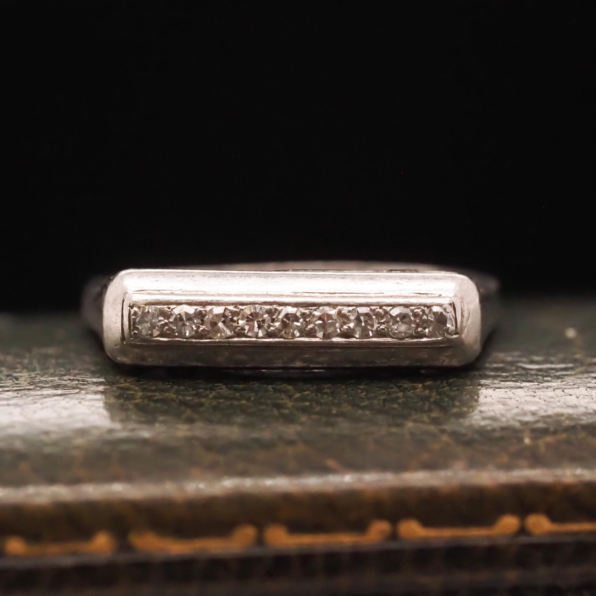 Year: 1920s
Item Details:
Ring Size: 7(Sizable)
Metal Type: Palladium [Hallmarked, and Tested]
Weight: 3.2 grams
Diamond Details: .15ct, total weight. Antique single cut, F Color, VS Clarity.
Band Width: 1.6mm
Condition: Excellent