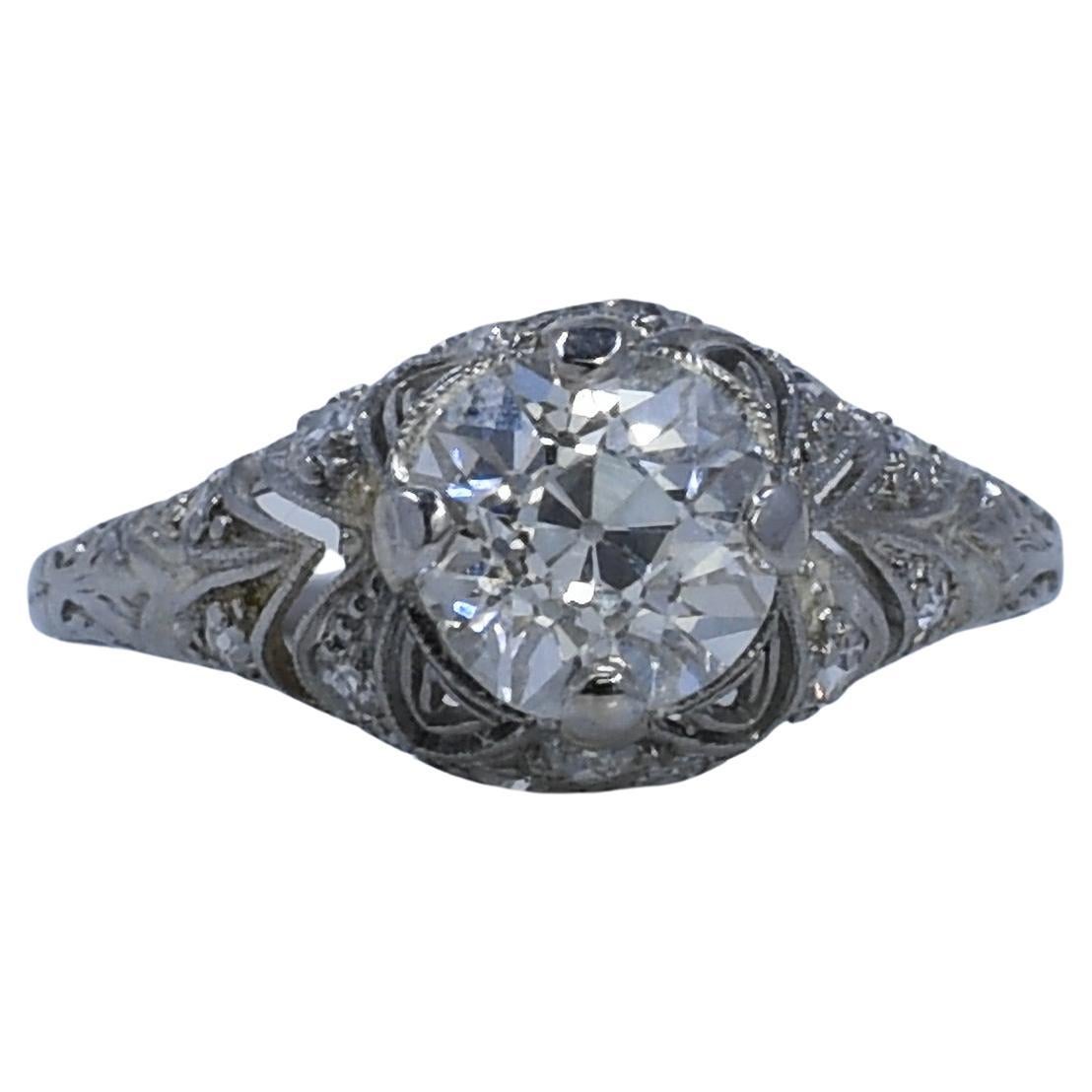 Circa 1920's Art Deco Platinum 1.02Ct Old European Cut Diamond Ring For Sale