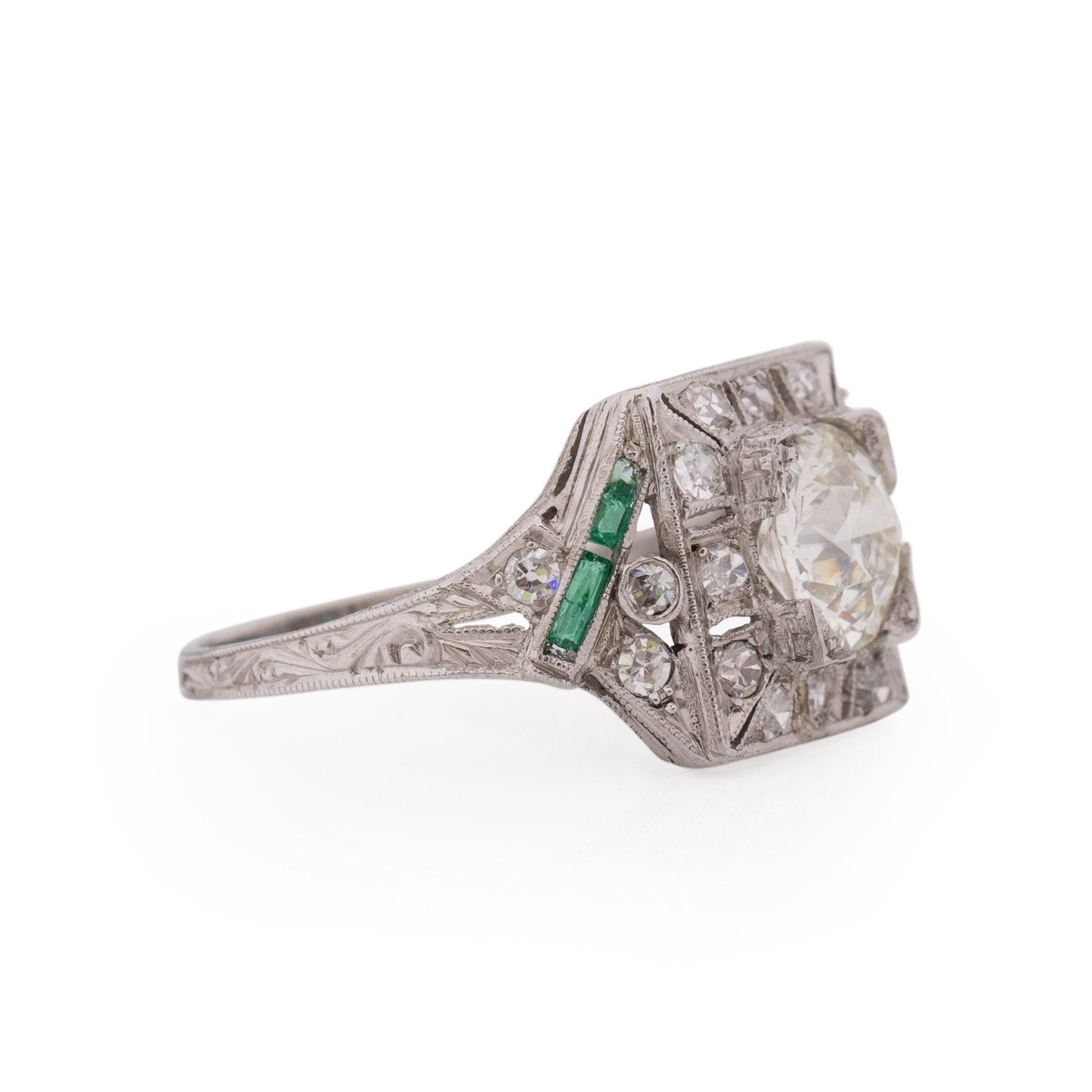 Old European Cut Circa 1920's Art Deco Platinum 1.26 Ct GIA Certified Diamond and Emerald Ring For Sale