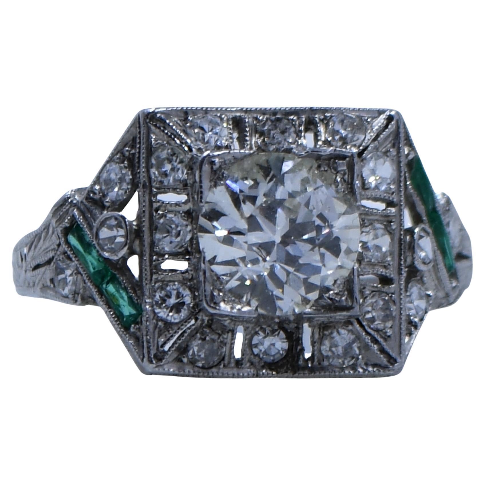 Circa 1920's Art Deco Platinum 1.26 Ct GIA Certified Diamond and Emerald Ring For Sale