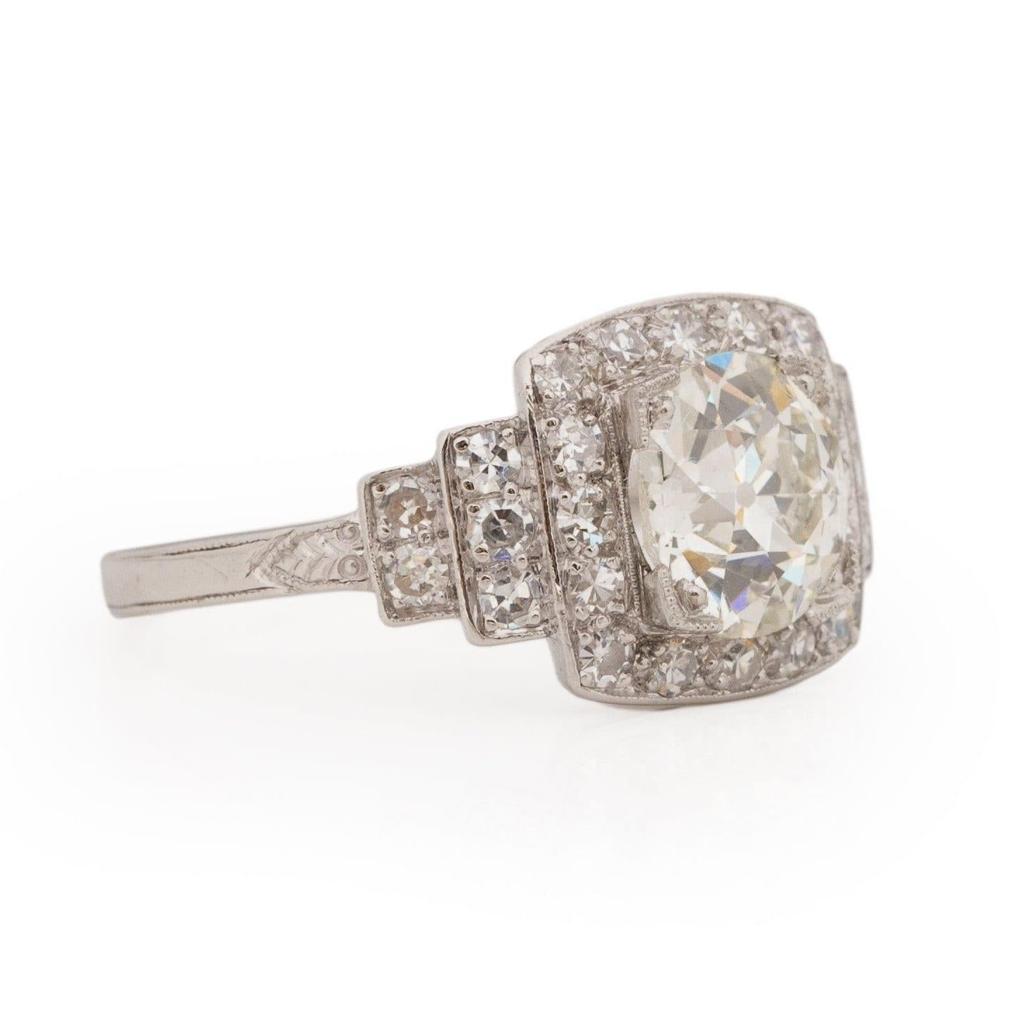 Circa 1920's Art Deco Platinum 1.58Ct GIA Certified Old European Cut Square Halo In Good Condition For Sale In Addison, TX