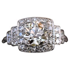 Circa 1920's Art Deco Platinum 1.58Ct GIA Certified Old European Cut Square Halo