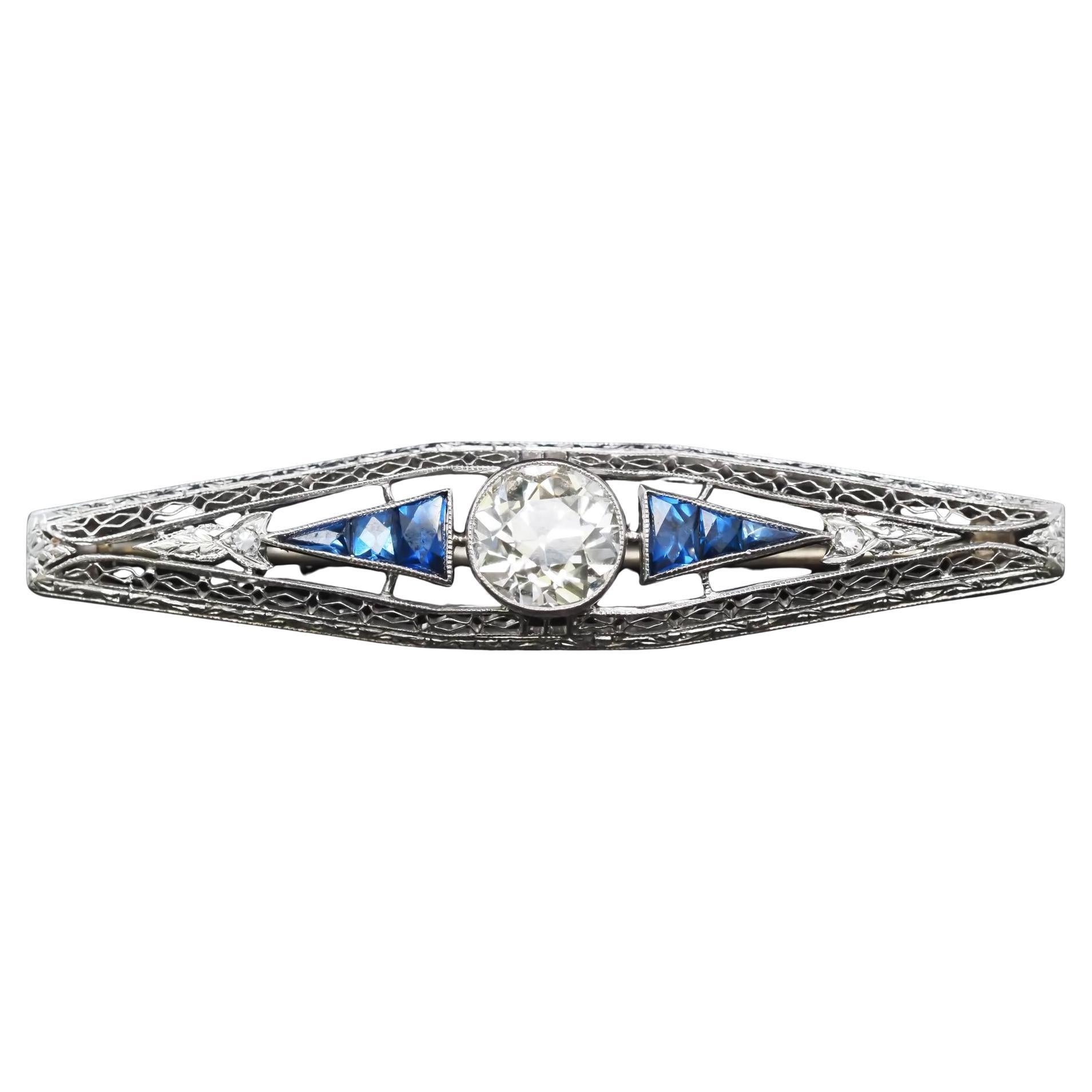 Circa 1920s Art Deco Platinum 1.75ct Old Mine Diamond and French Cut Sapphire