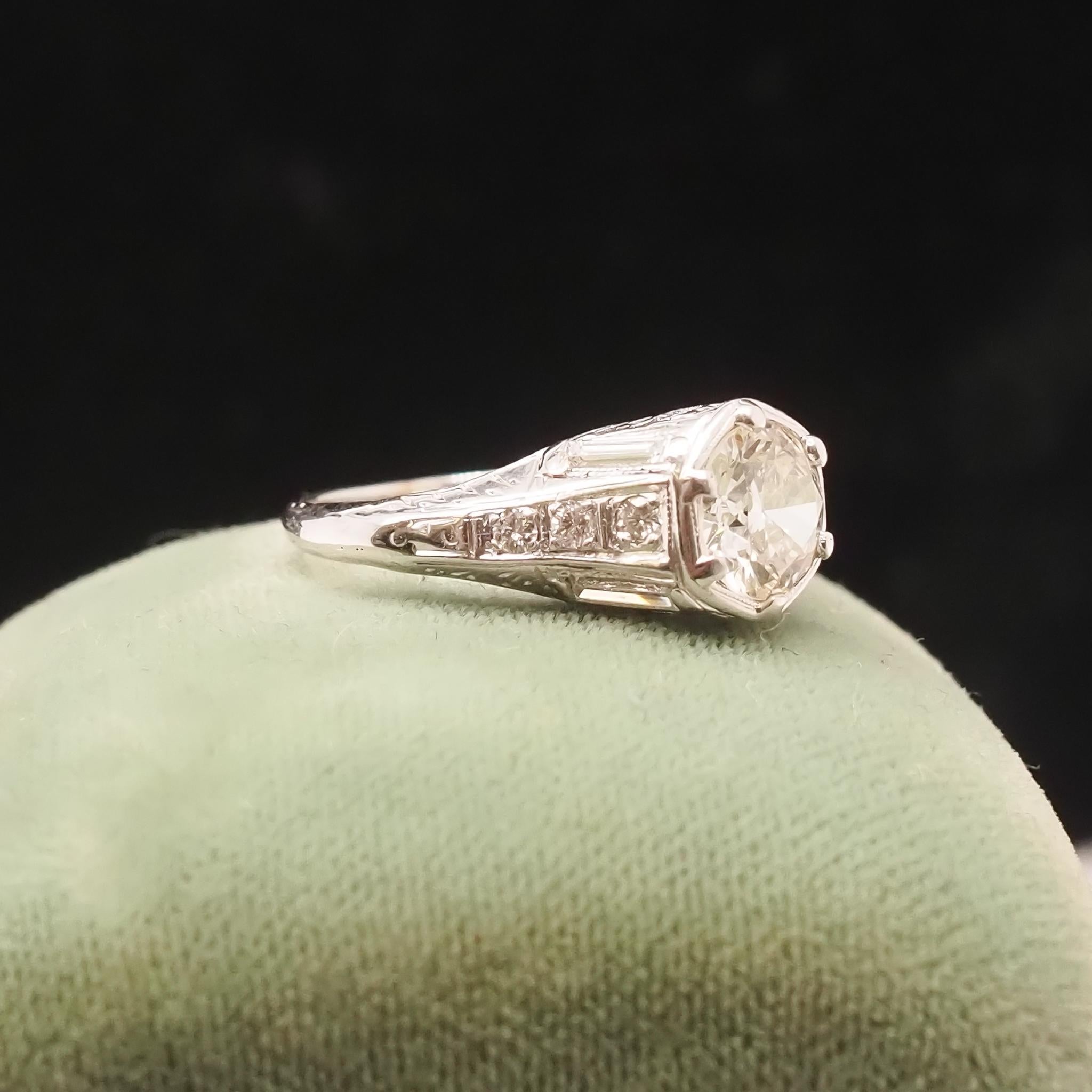 Old European Cut Circa 1920s Art Deco Platinum .90ct Old European Diamond Engagement Ring For Sale