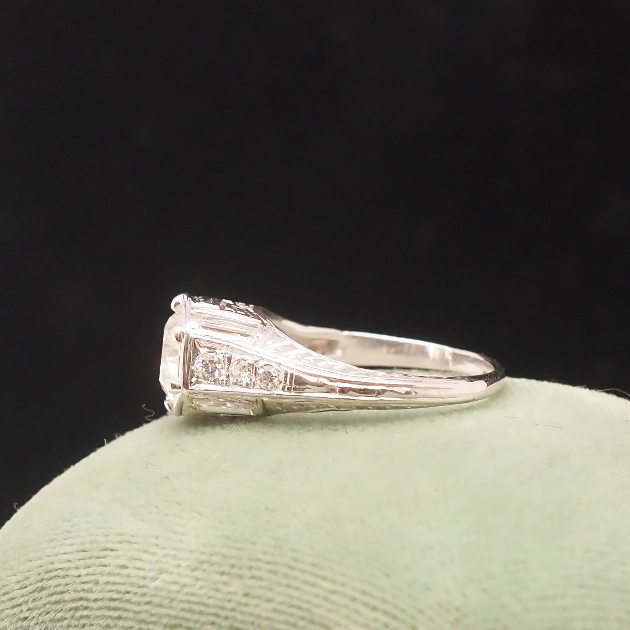 Circa 1920s Art Deco Platinum .90ct Old European Diamond Engagement Ring For Sale 2