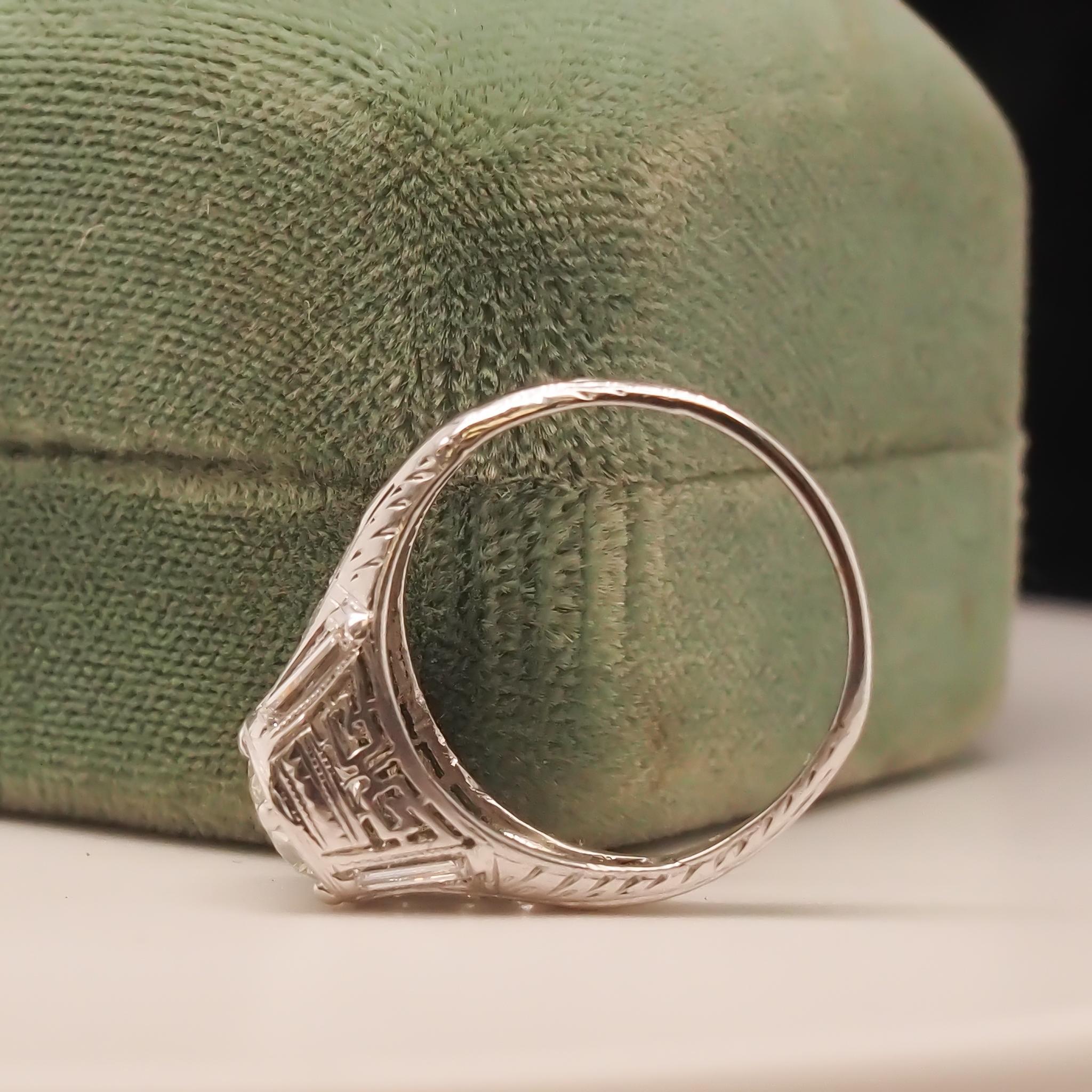 Circa 1920s Art Deco Platinum .90ct Old European Diamond Engagement Ring For Sale 3