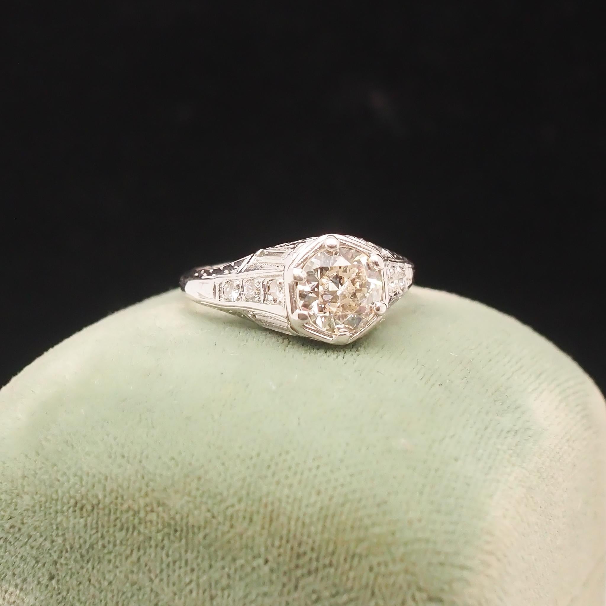 Circa 1920s Art Deco Platinum .90ct Old European Diamond Engagement Ring For Sale 4