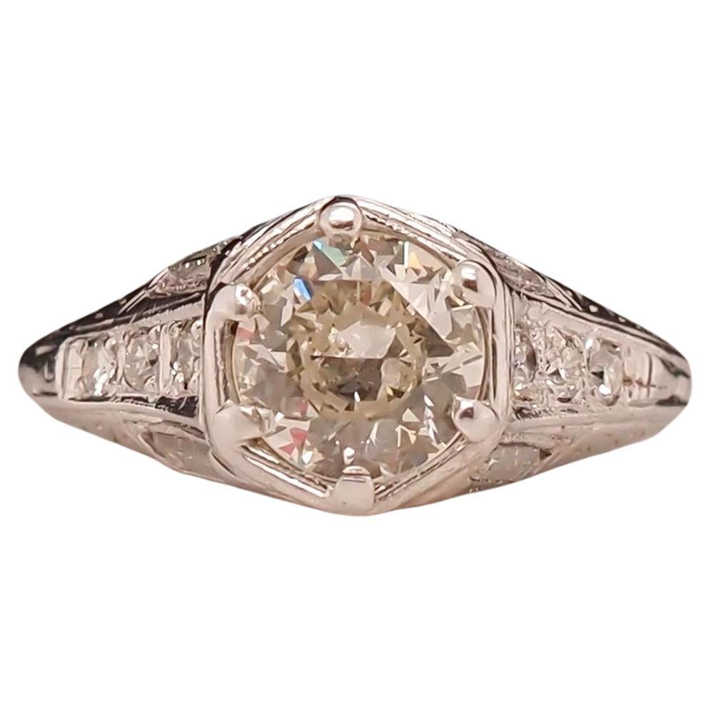 Circa 1920s Art Deco Platinum .90ct Old European Diamond Engagement Ring For Sale