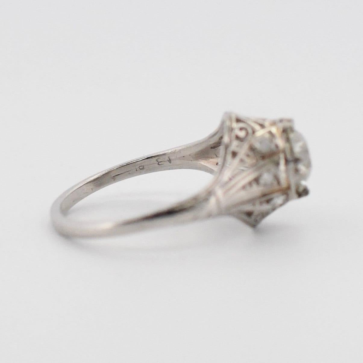 Circa 1920's Art Deco Platinum Antique Filigree Old European Cut Diamond Ring In Good Condition For Sale In Addison, TX