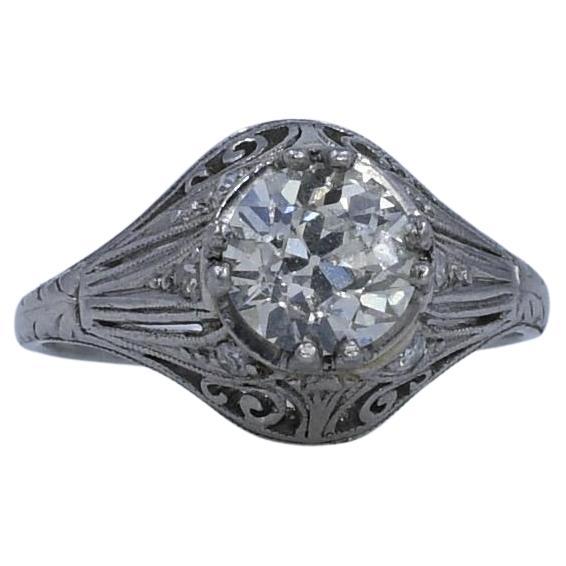Circa 1920's Art Deco Platinum Antique Filigree Old European Cut Diamond Ring For Sale