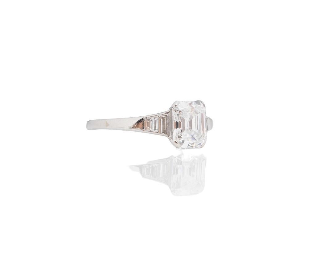 Emerald Cut Circa 1920s Art Deco Platinum Antique Step Cut Emerald Engagement Ring For Sale