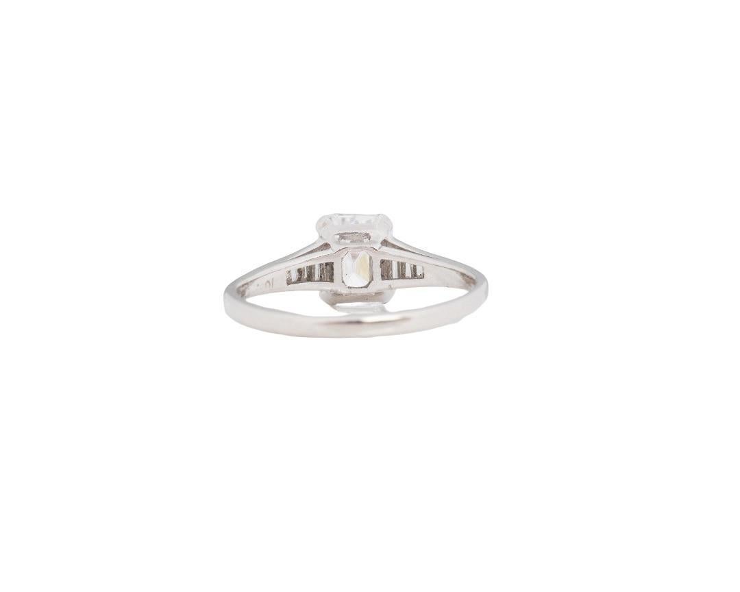 Circa 1920s Art Deco Platinum Antique Step Cut Emerald Engagement Ring In Good Condition For Sale In Hicksville, NY