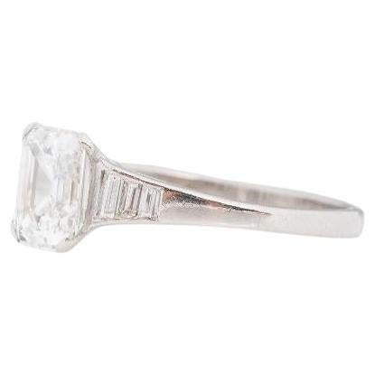 Circa 1920s Art Deco Platinum Antique Step Cut Emerald Engagement Ring For Sale