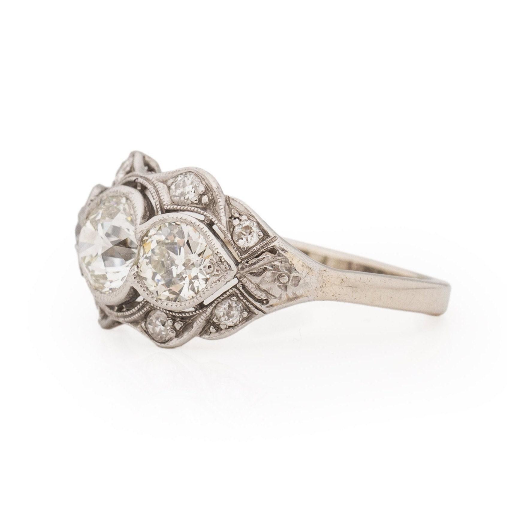 Circa 1920's Art Deco Platinum GIA Certified Three Stone Old European Cut Ring For Sale 1