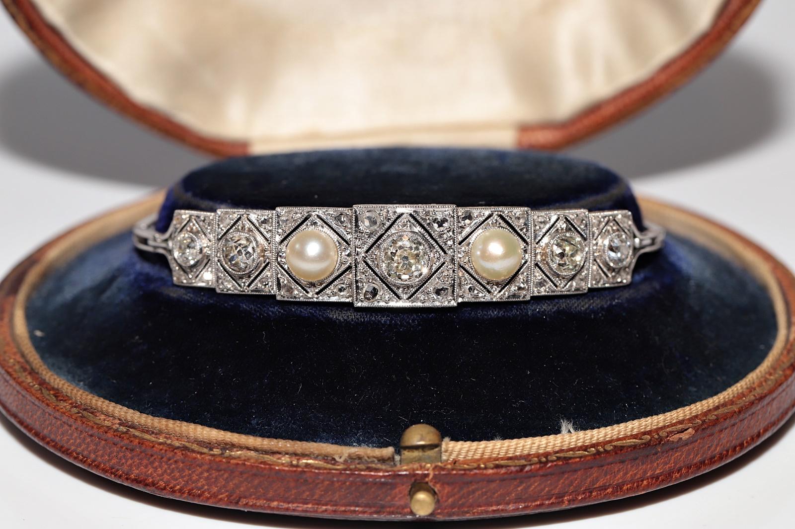 Old Mine Cut Circa 1920s Art Deco Platinum  Natural Old Cut Diamond And Pearl Bracelet For Sale