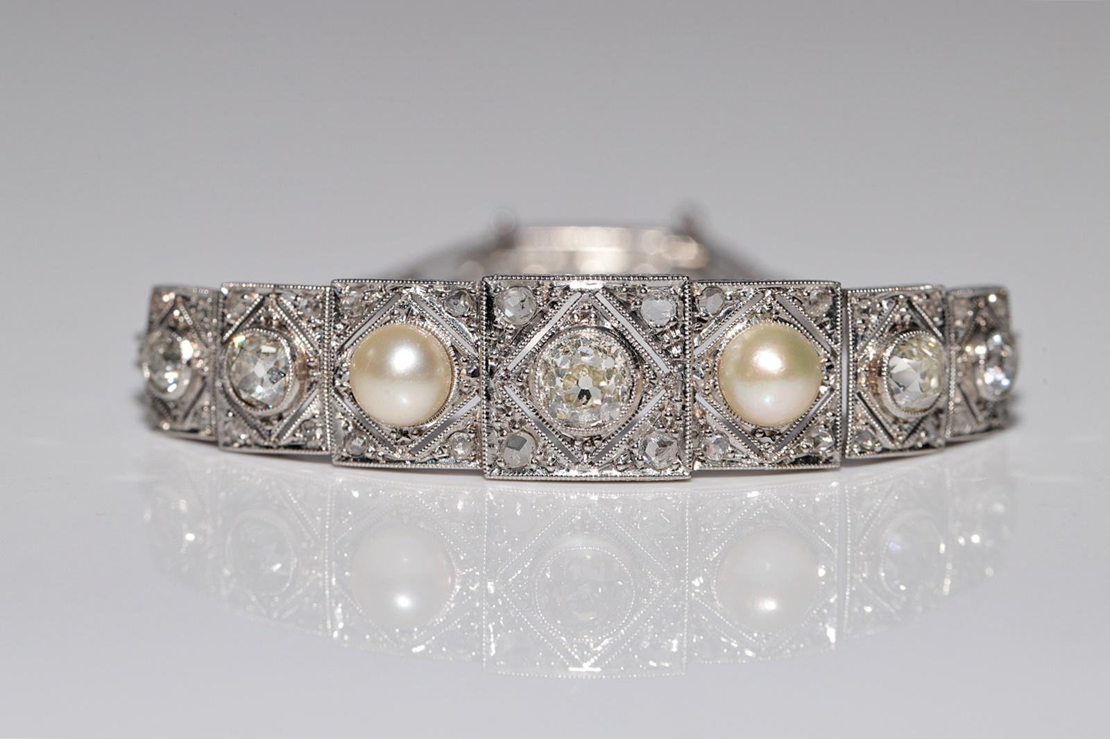 Circa 1920s Art Deco Platinum  Natural Old Cut Diamond And Pearl Bracelet For Sale 1