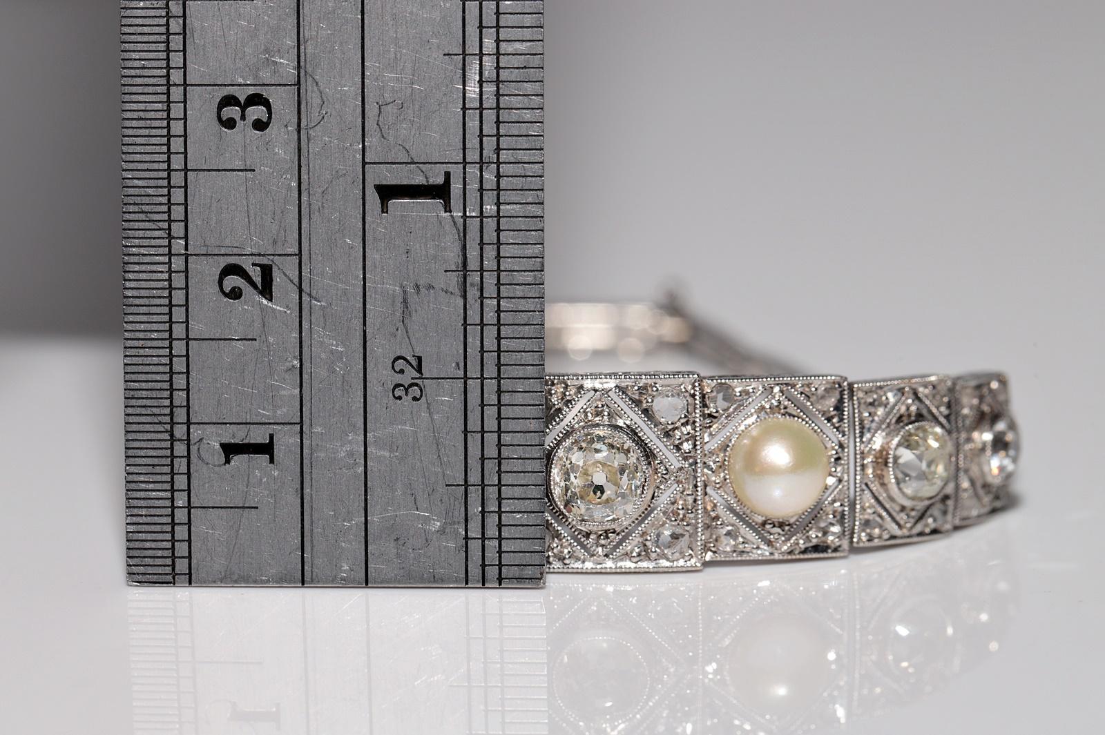 Art Deco-Platin, ca. 1920er Jahre, Art déco  Natürlicher Altschliff Diamant und Perlenarmband im Angebot 2