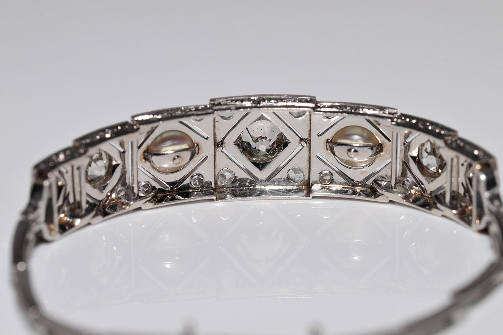 Circa 1920s Art Deco Platinum  Natural Old Cut Diamond And Pearl Bracelet For Sale 5