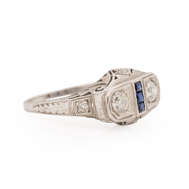 Circa 1920's Art Deco Platinum Old European Cut Diamond and Sapphire Ring In Good Condition For Sale In Addison, TX