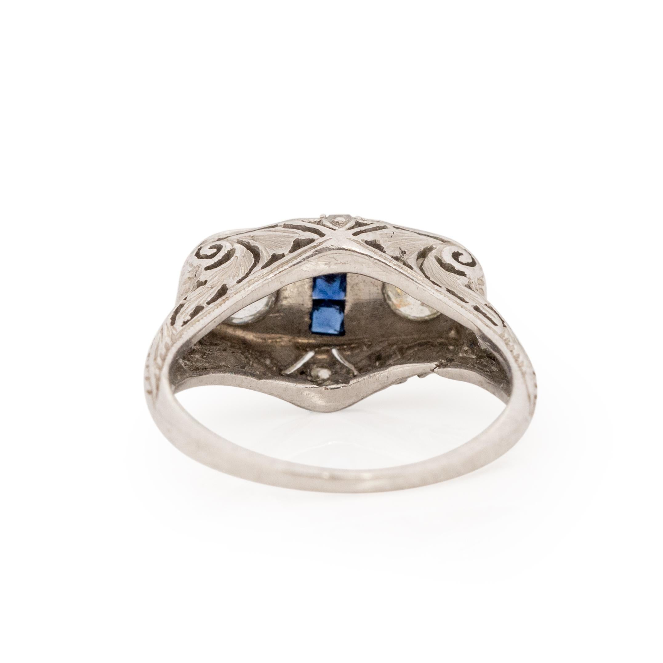 Circa 1920's Art Deco Platinum Old European Cut Diamond and Sapphire Ring In Good Condition In Addison, TX