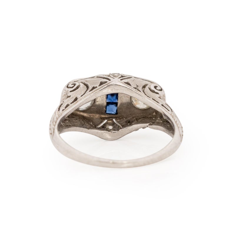 Women's or Men's Circa 1920's Art Deco Platinum Old European Cut Diamond and Sapphire Ring