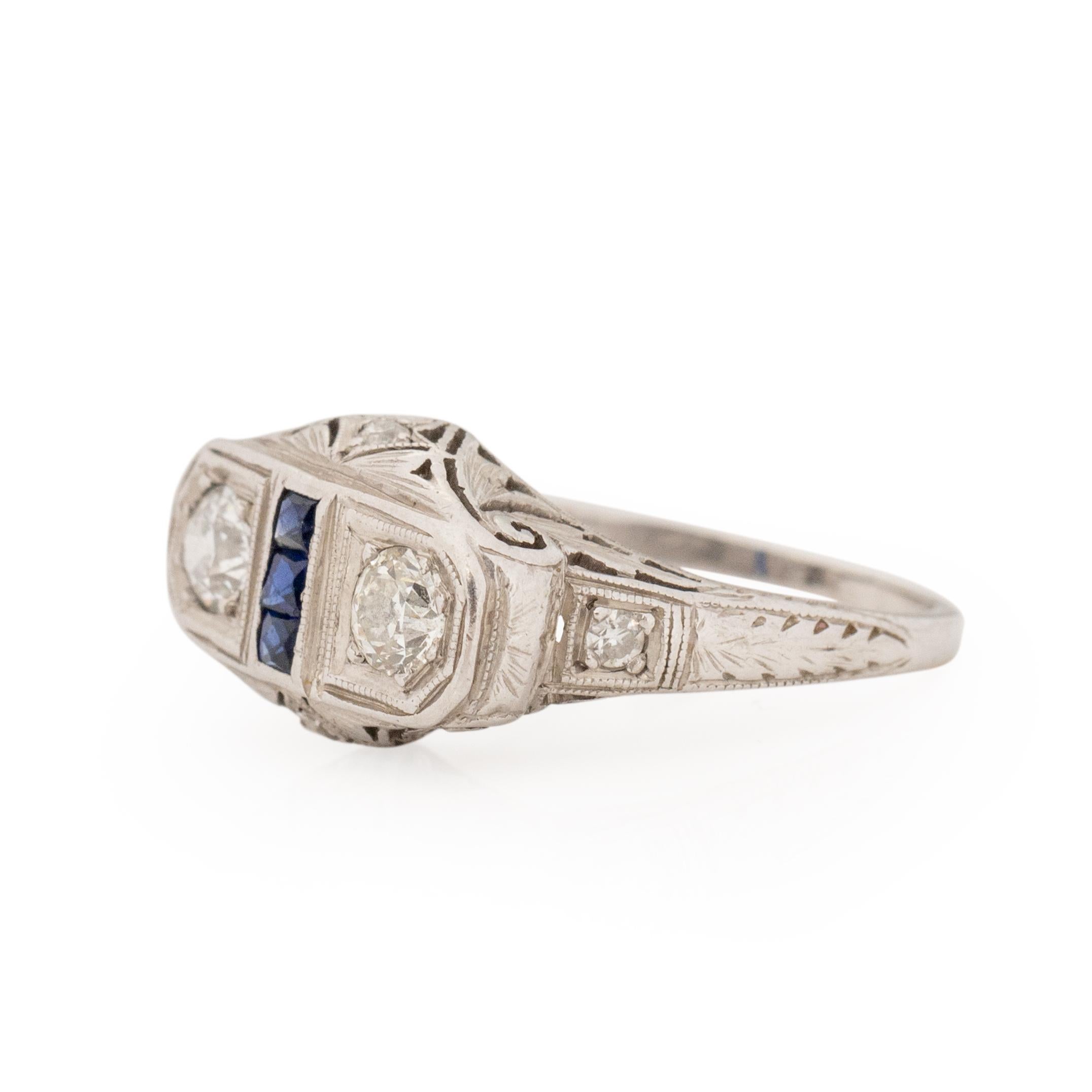 Women's or Men's Circa 1920's Art Deco Platinum Old European Cut Diamond and Sapphire Ring