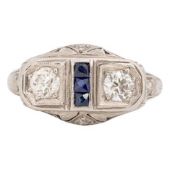 Circa 1920's Art Deco Platinum Old European Cut Diamond and Sapphire Ring