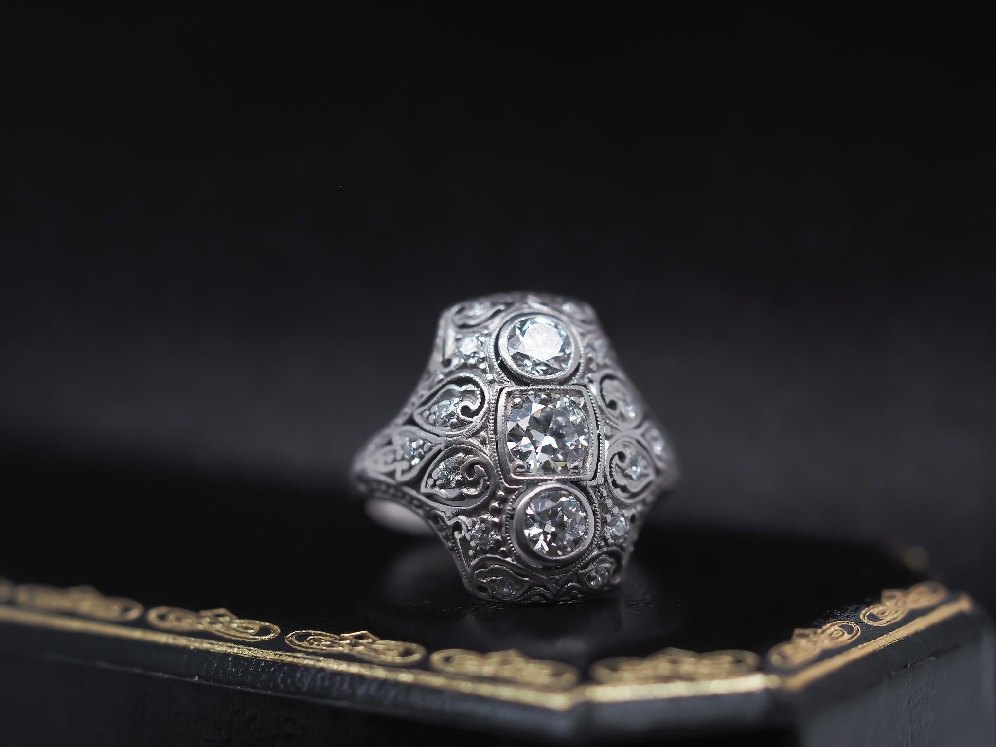 Old European Cut Circa 1920s Art Deco Platinum Ornate Old European Diamond Ring For Sale