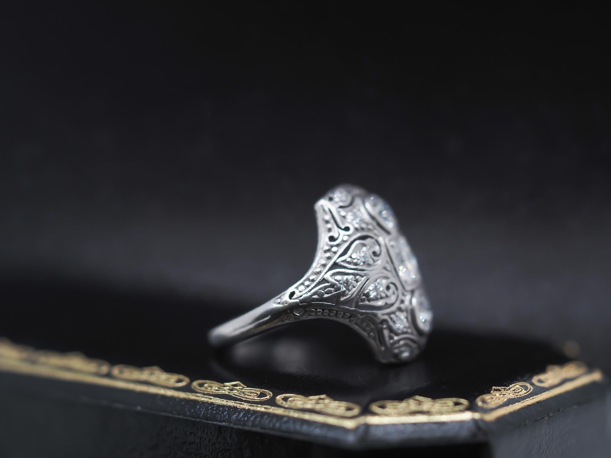 Circa 1920s Art Deco Platinum Ornate Old European Diamond Ring In Good Condition For Sale In Hicksville, NY