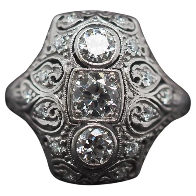 Circa 1920s Art Deco Platinum Ornate Old European Diamond Ring