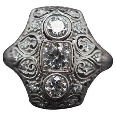 Circa 1920s Art Deco Platinum Ornate Old European Diamond Ring