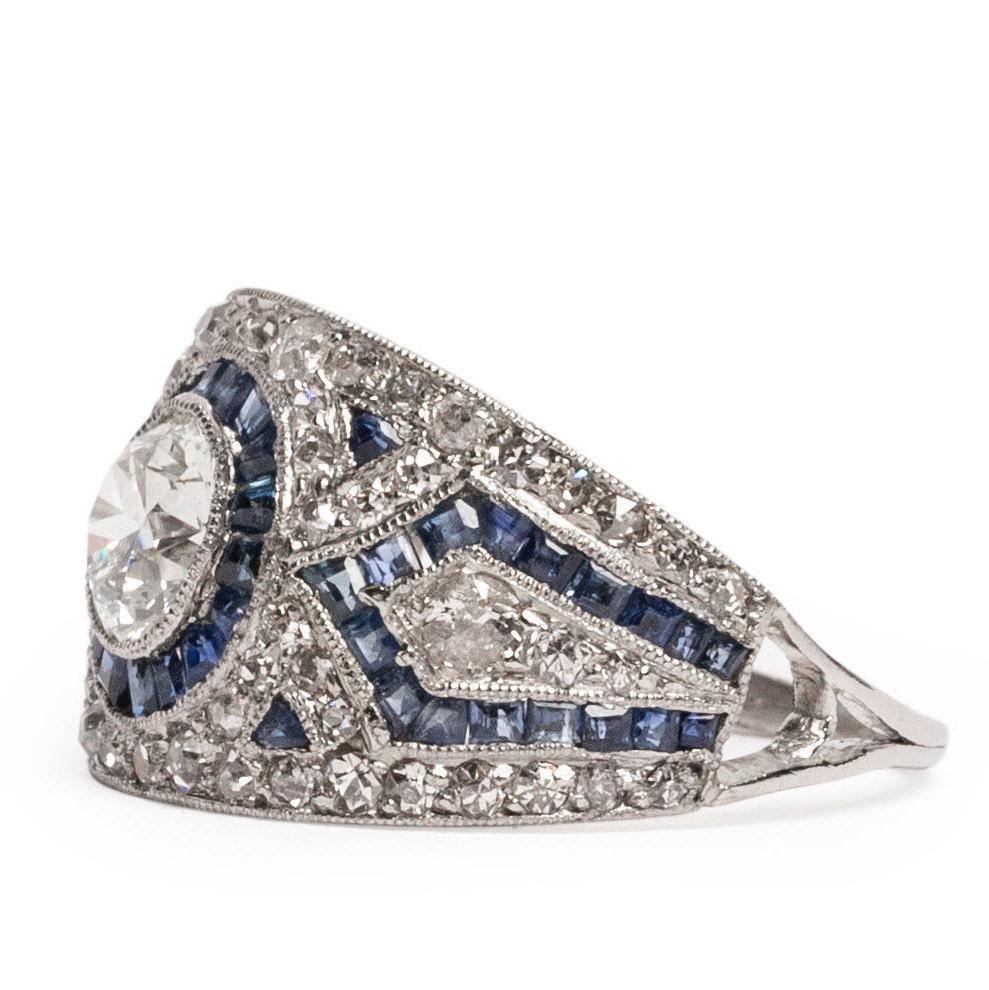 Circa 1920's Art Deco Platinum Pave Diamond and Blue Sapphire Ring In Good Condition For Sale In Addison, TX