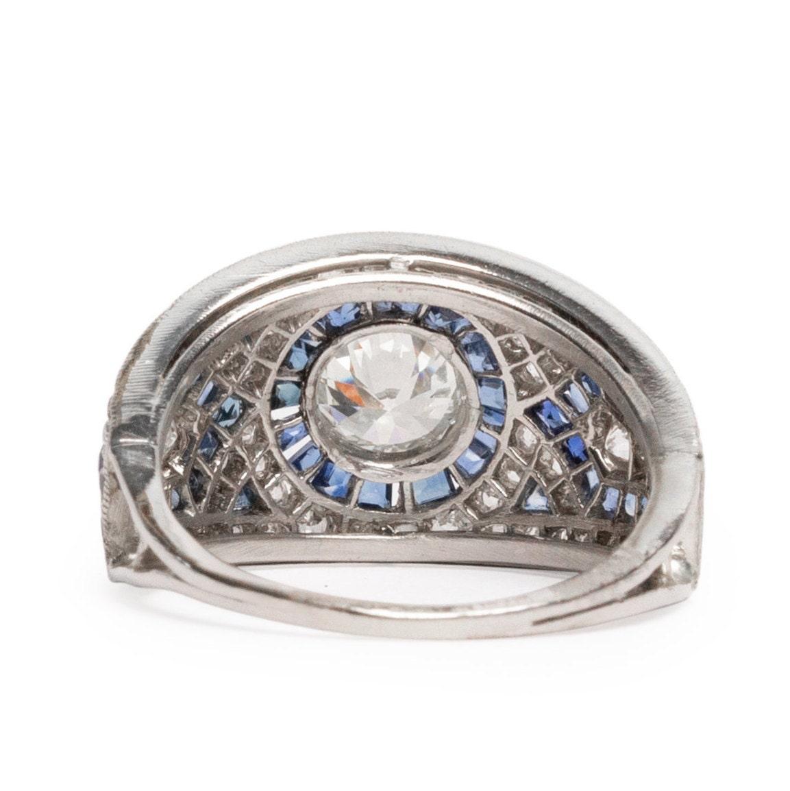 Women's Circa 1920's Art Deco Platinum Pave Diamond and Blue Sapphire Ring For Sale