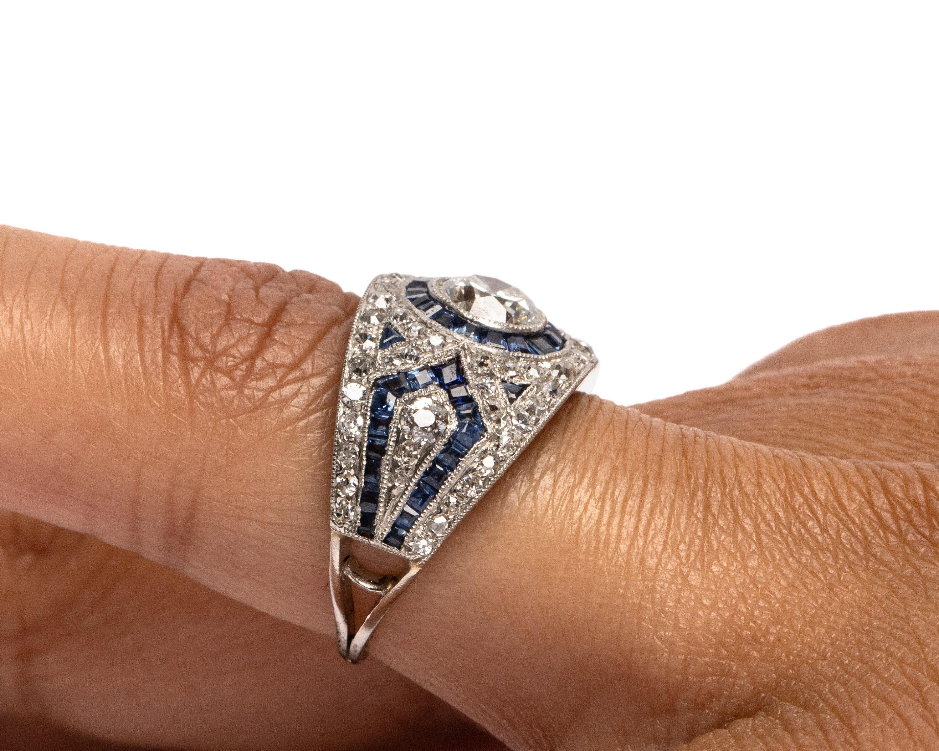 Circa 1920's Art Deco Platinum Pave Diamond and Blue Sapphire Ring For Sale 2