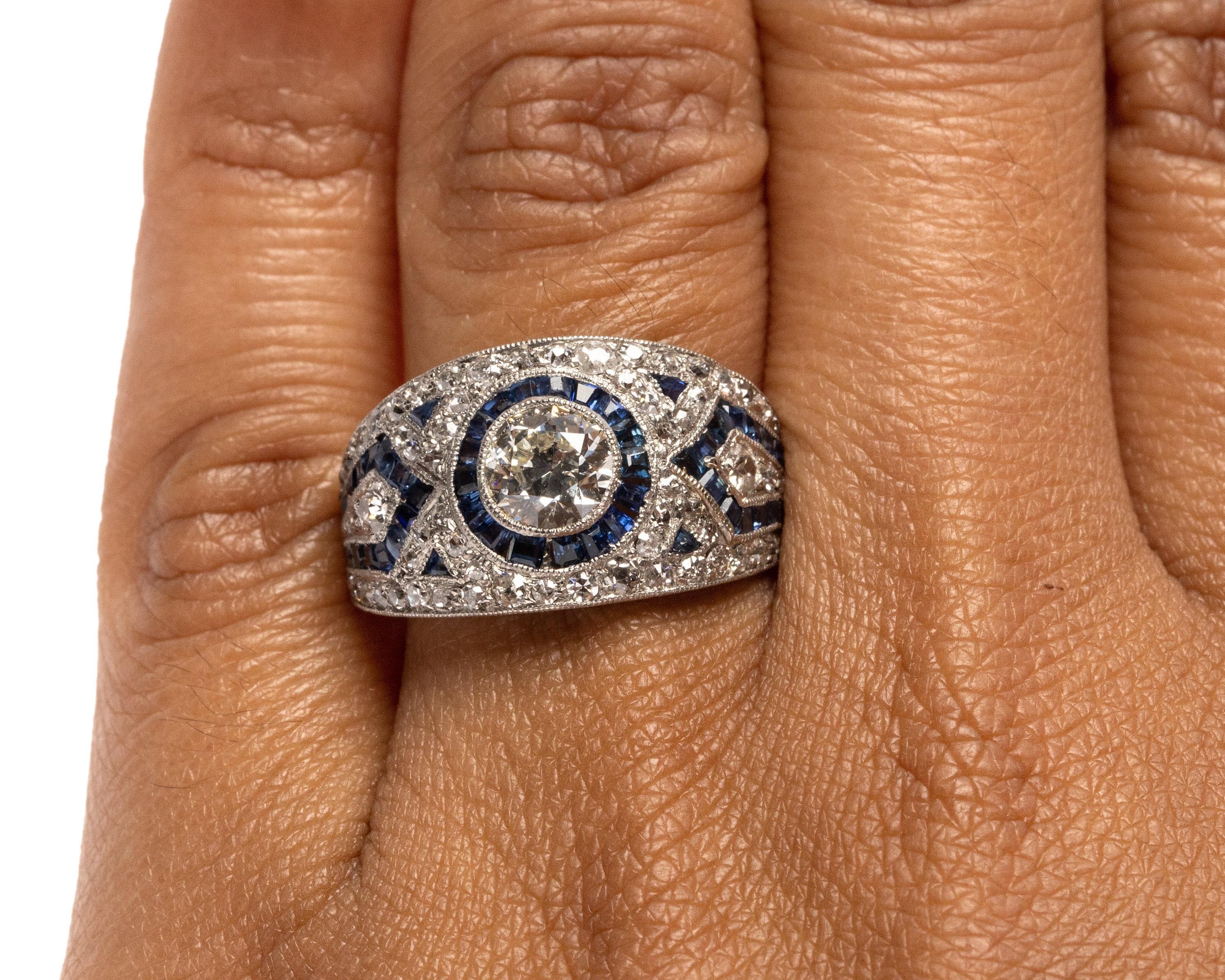 Circa 1920's Art Deco Platinum Pave Diamond and Blue Sapphire Ring For Sale 4